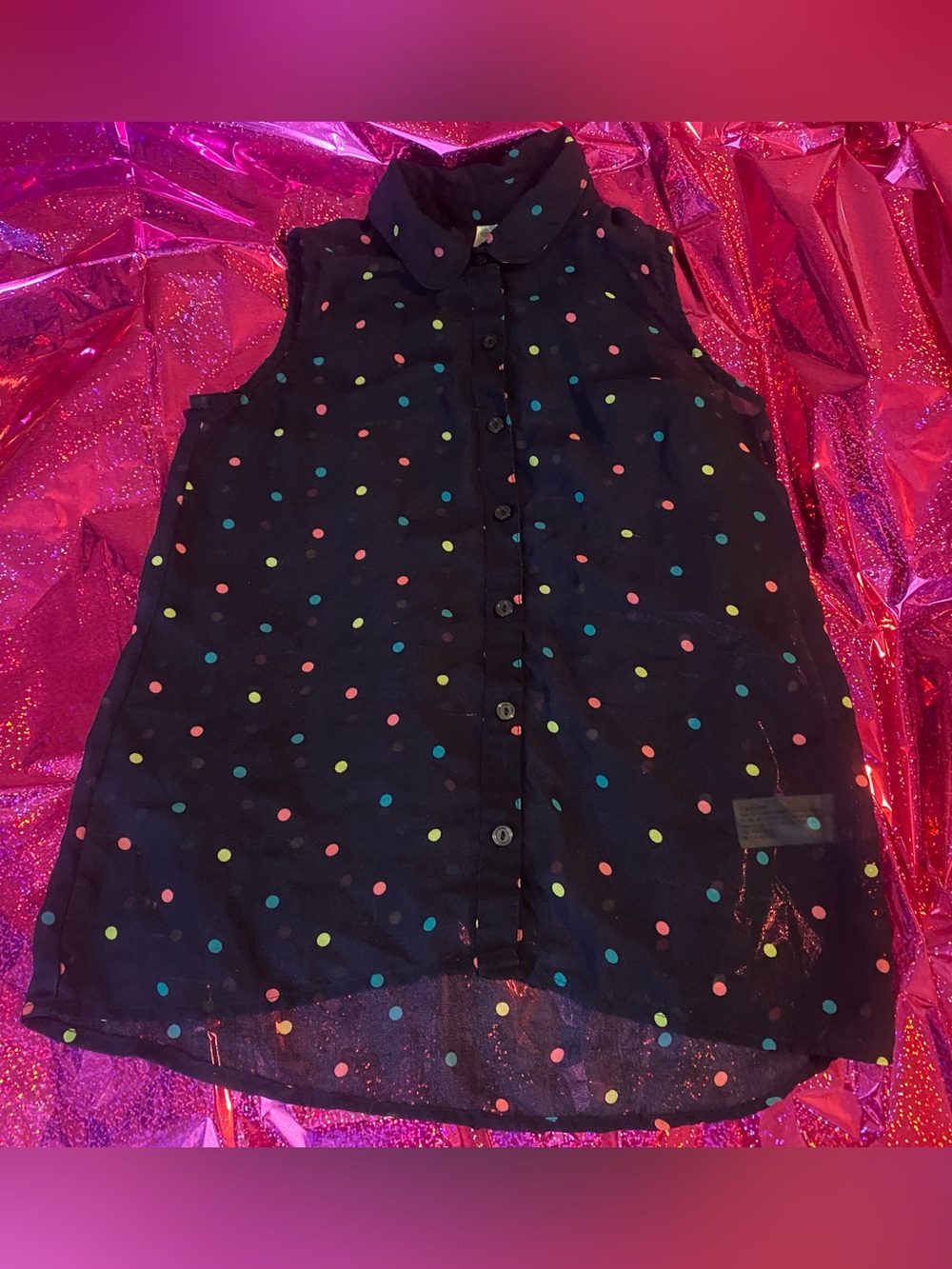 Vintage Y2K Girl’s Navy & Colorful Polka Dots Sheer Sleeveless Blouse